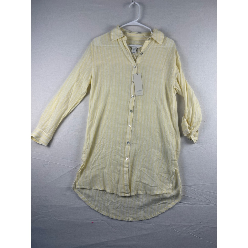 Calypso St Barth Beach Yellow White Striped Linen Blend Tunic Shirt Small NEW